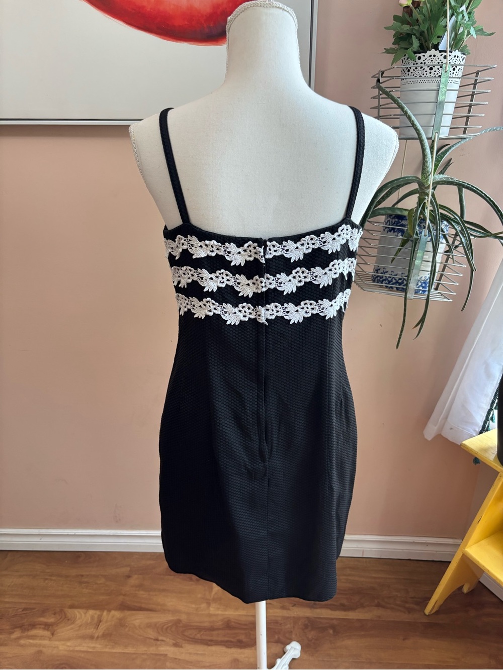 Vintage 90s Black Slip Dress with White Lace Floral Trim - Picture 5 of 14